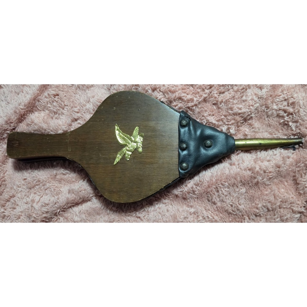 Vintage Wood & Leather Fireplace Bellows Eagle Motif Brown Rustic Grannycore